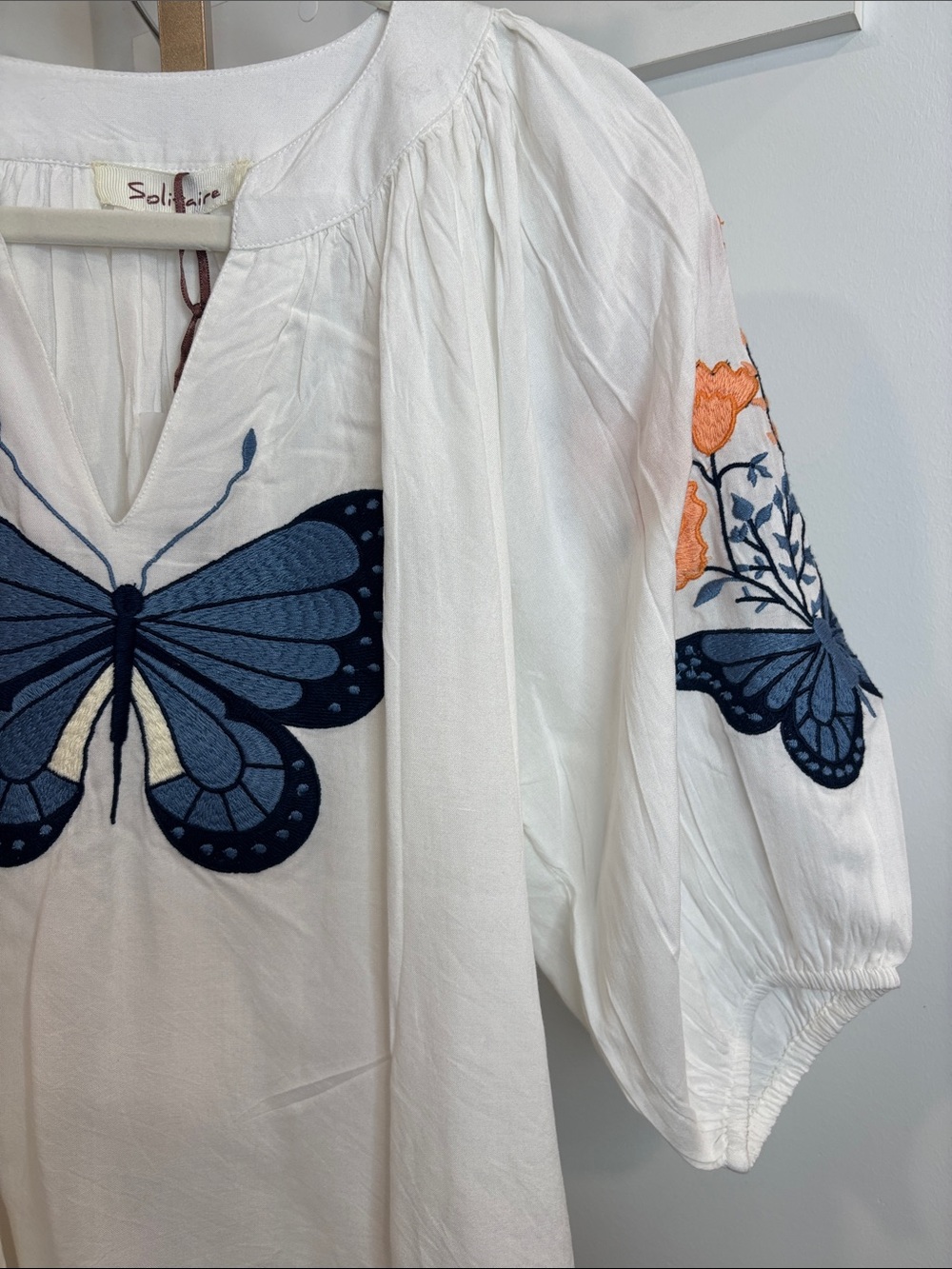 Solitaire White Peasant Blouse with Blue Butterfly Embroidery - Picture 5 of 7